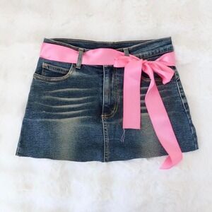 Y2K Forever 21 Denim Mini Skirt with Pink Satin Bow